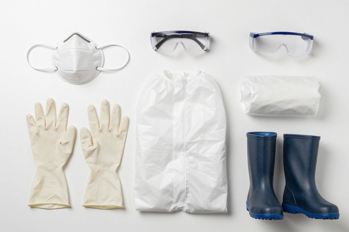 Mold remediation safety equipment laid out including respirator gloves and goggles