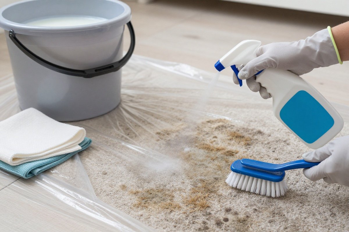 Gloved hands applying vinegar mold treatment solution to carpet with scrub brush ready