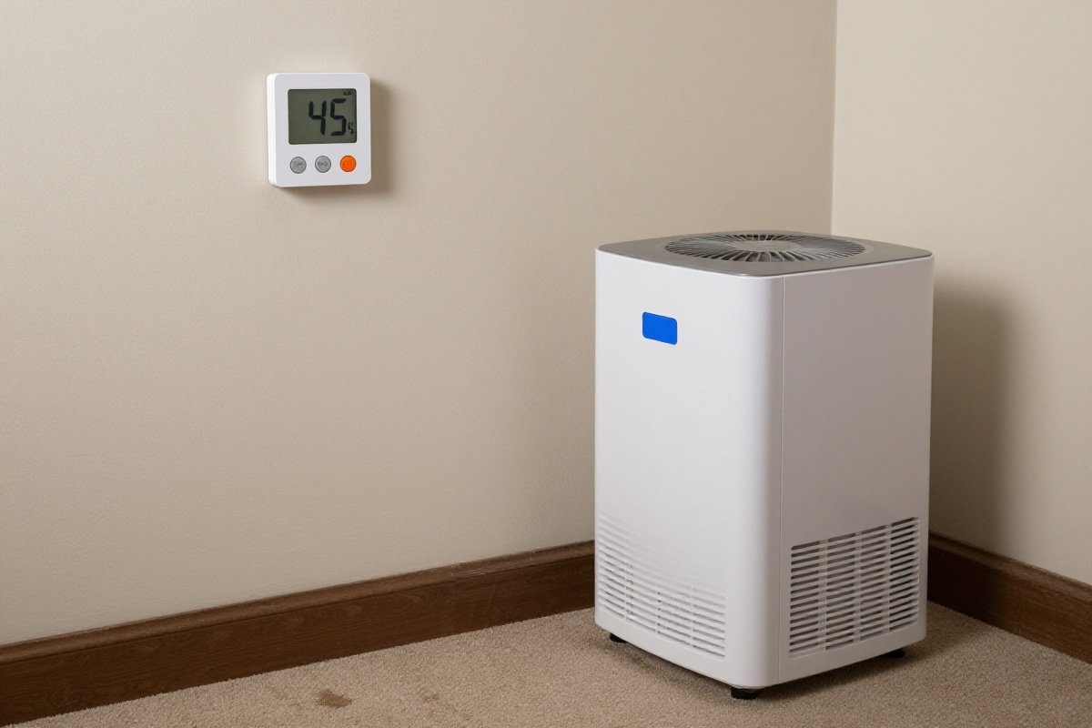 Digital hygrometer showing safe humidity level next to running dehumidifier in basement