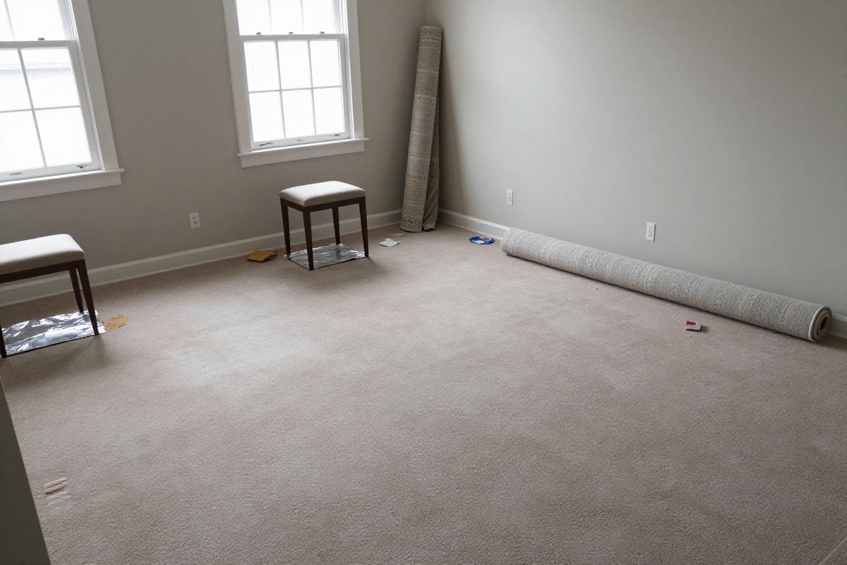 Living room with furniture moved and protected with foil before carpet cleaning