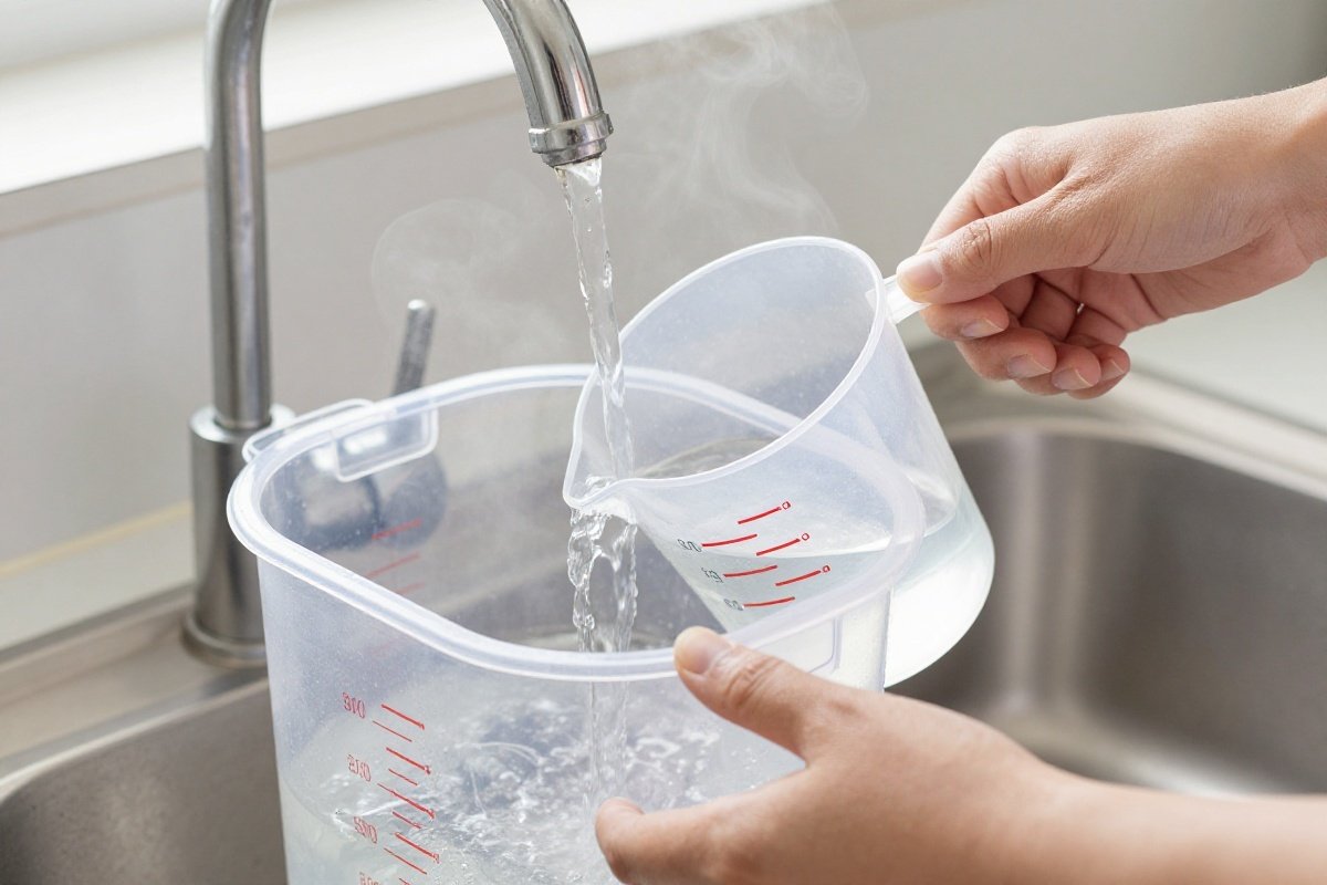 Warm water being poured into carpet cleaner tank with measured cleaning solution