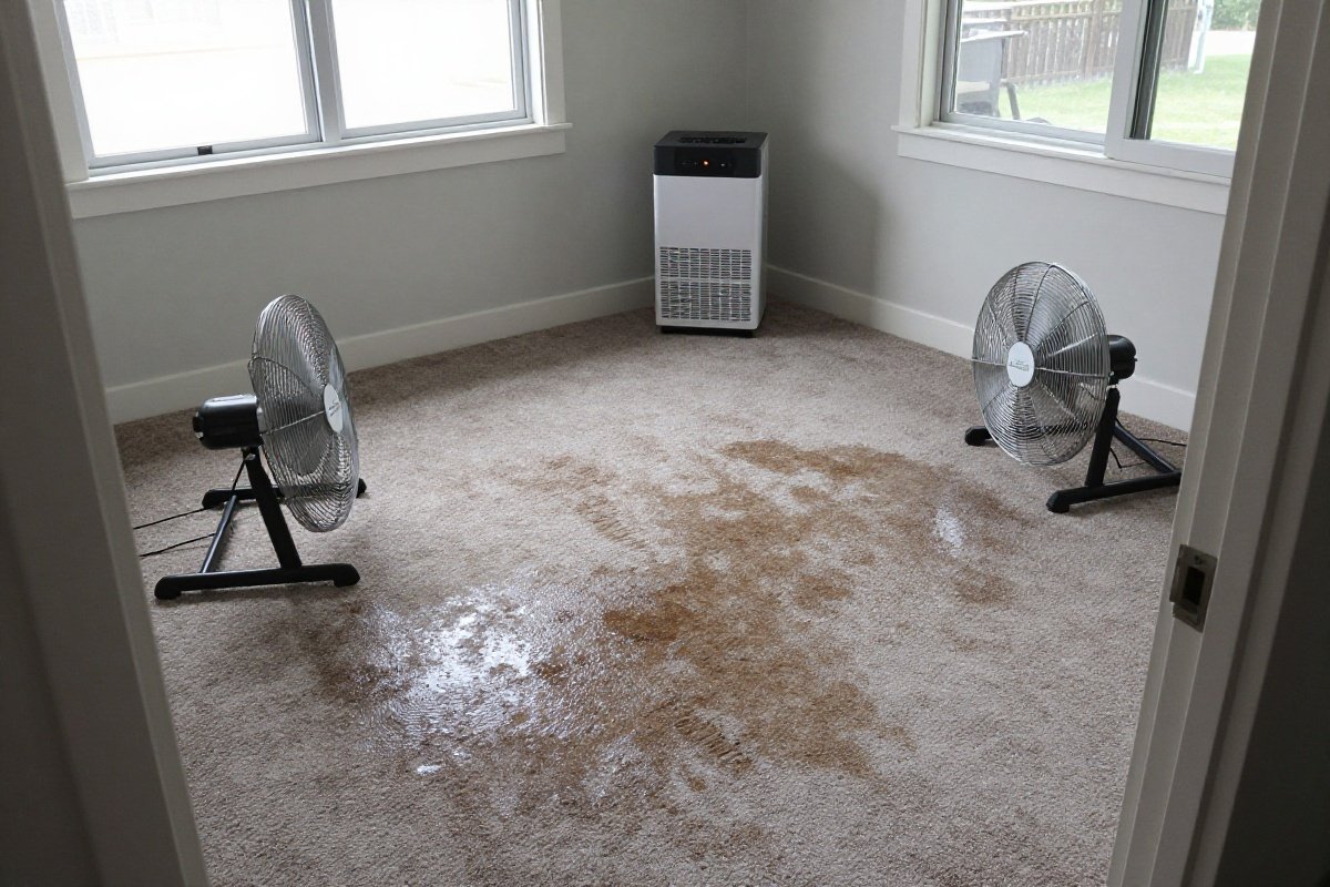 Freshly cleaned damp carpet with fans and dehumidifier set up for drying
