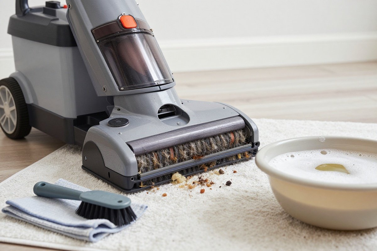 Carpet cleaner with bottom plate removed for maintenance and unclogging