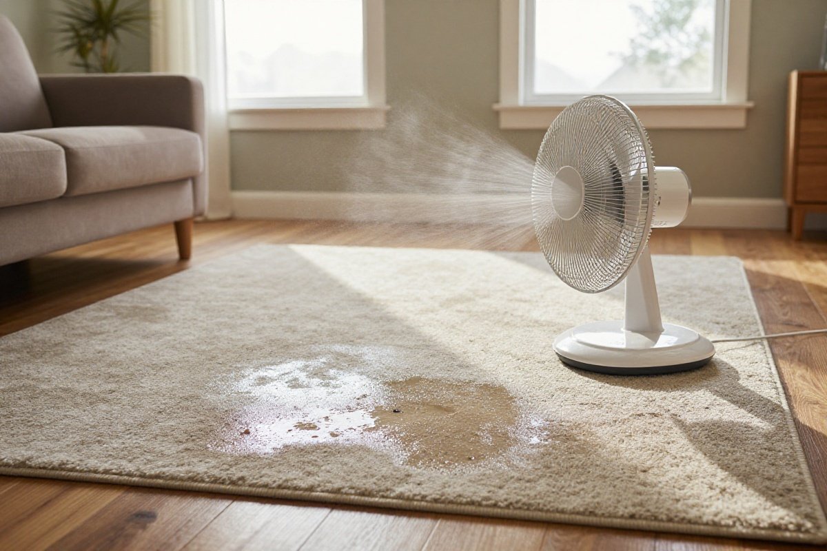 Fan and open windows drying freshly cleaned carpet in a living room