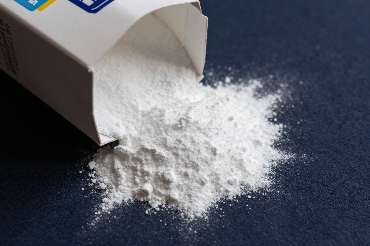 Baking soda powder scattered on dark carpet showing fine granule texture