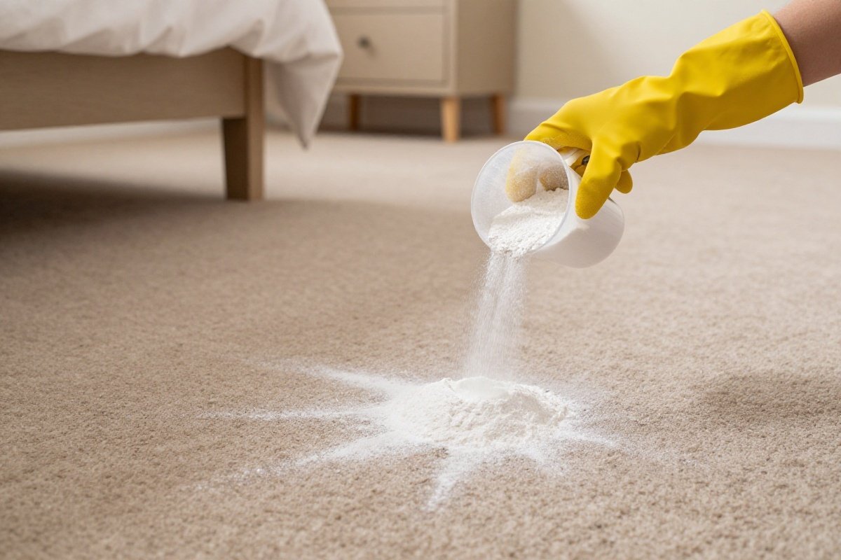 Gloved hand sprinkling baking soda evenly onto bedroom carpet