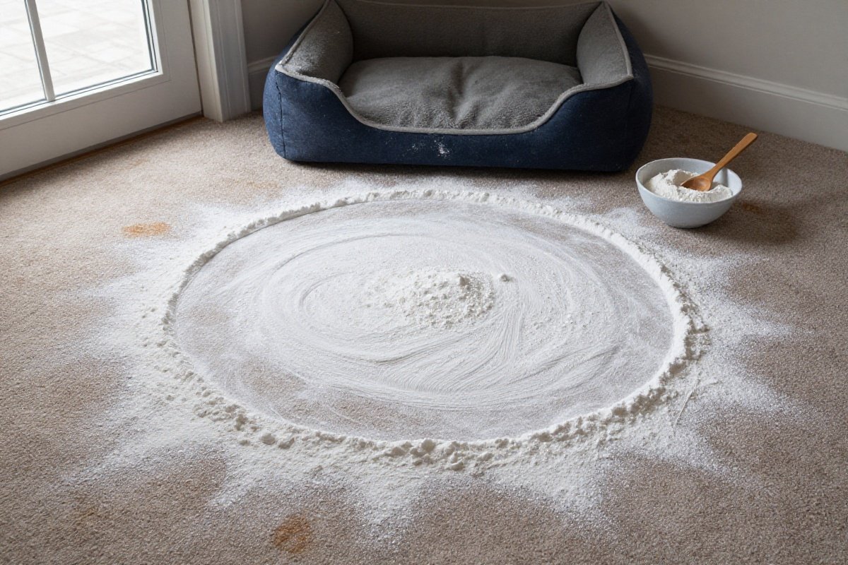 Baking soda treatment applied around pet bed area on living room carpet