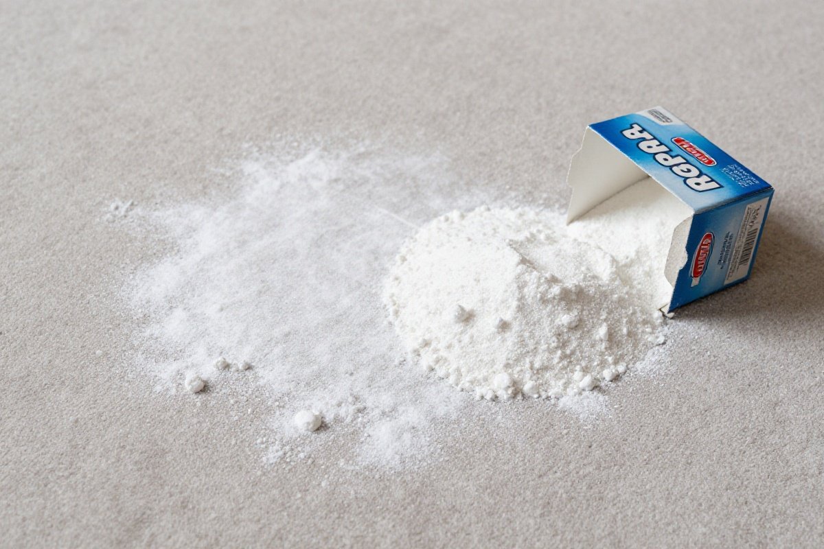 Carpet showing excessive baking soda application versus correct light dusting