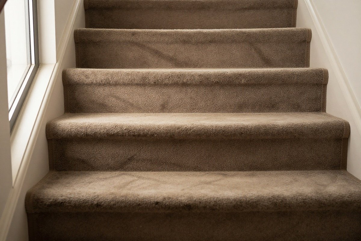 Carpeted staircase showing dust accumulation in tread-riser junctions