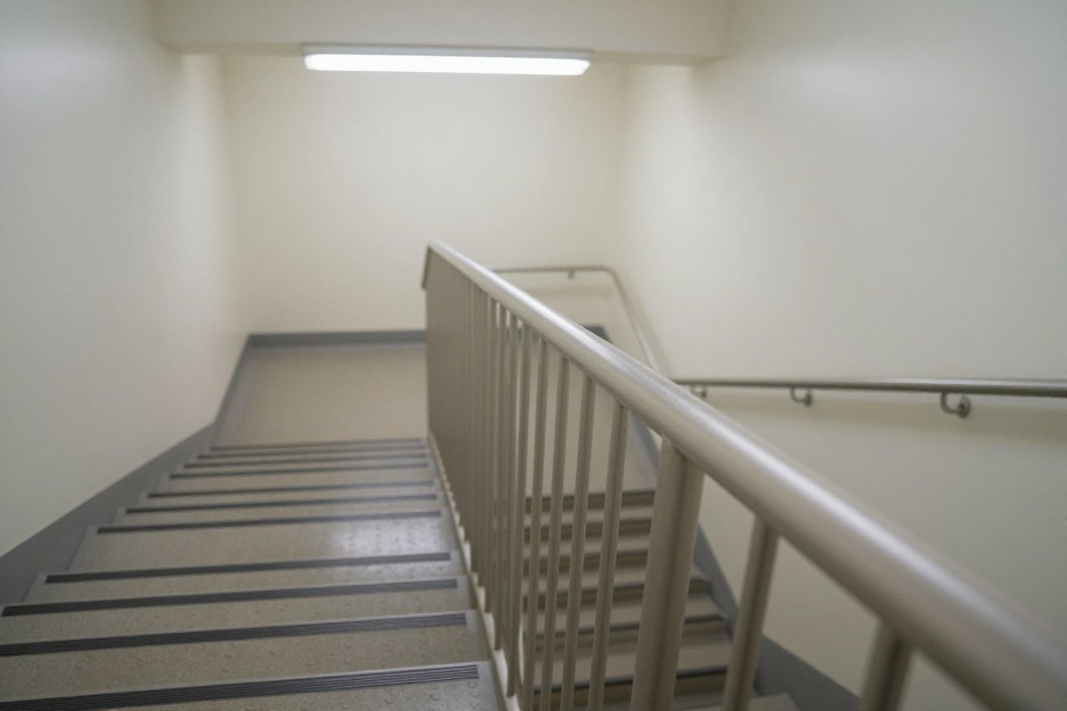View looking down a well-lit staircase with handrail emphasizing safety