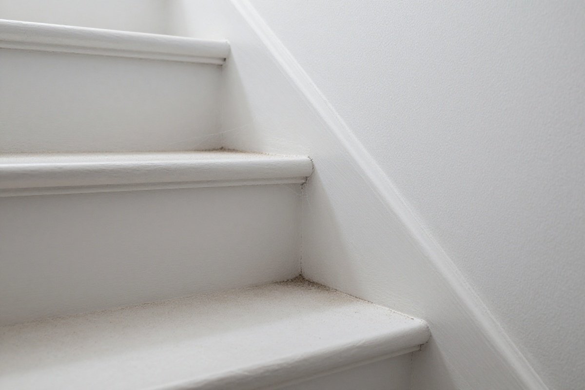Dusty stair riser with cobwebs contrasting with clean vacuumed tread
