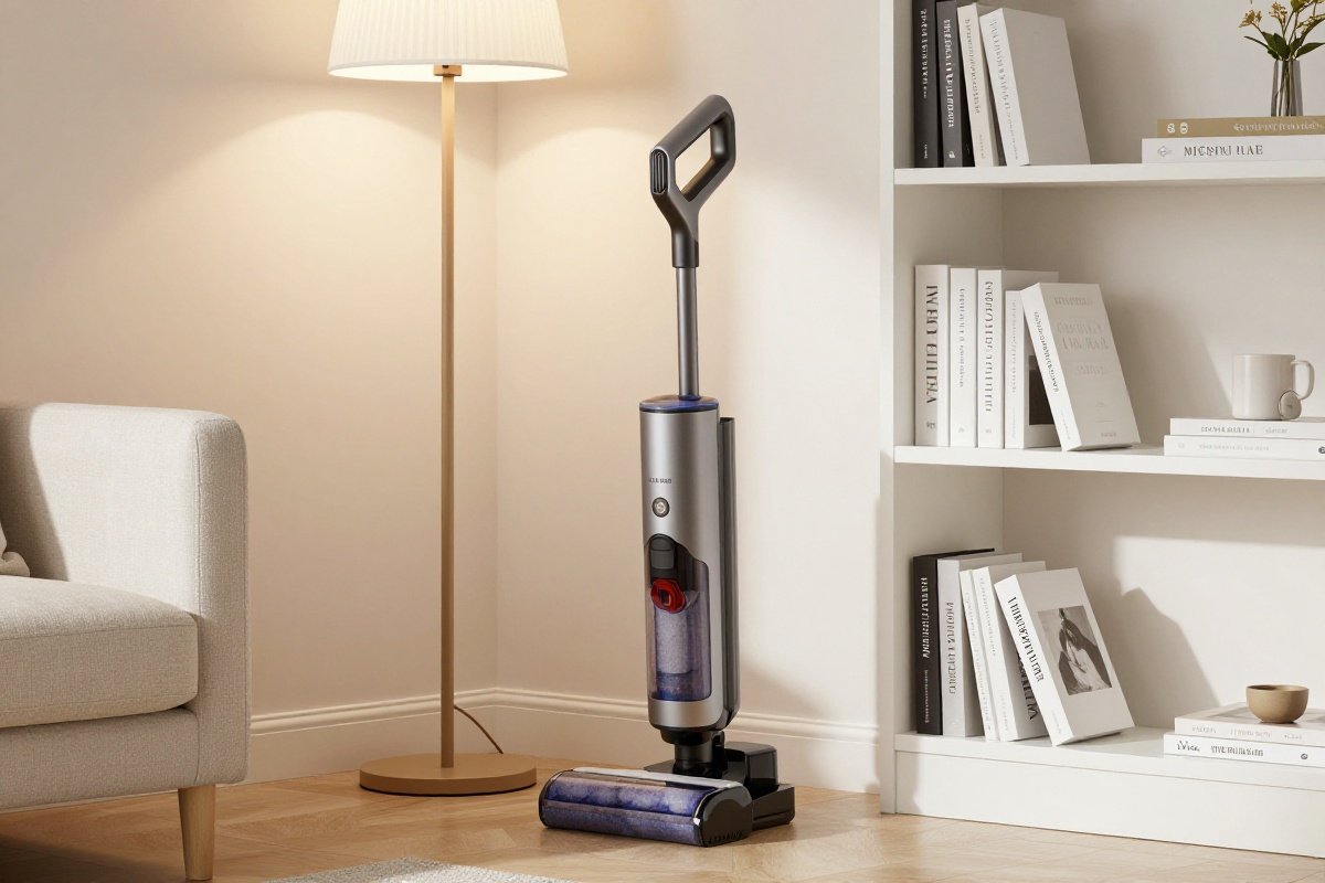 Cordless vacuum charging stand with organized tool storage in a living room corner