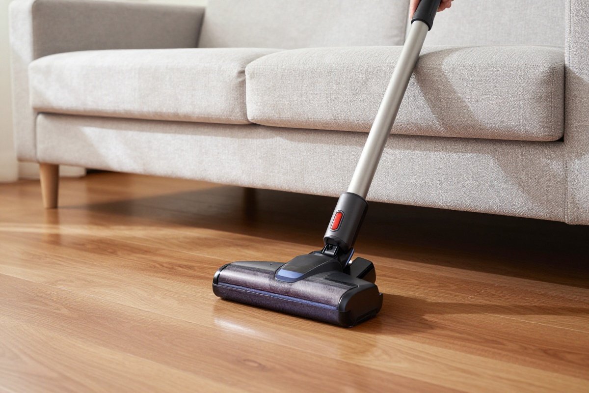 Cordless stick vacuum reaching under low furniture to clean hardwood floor
