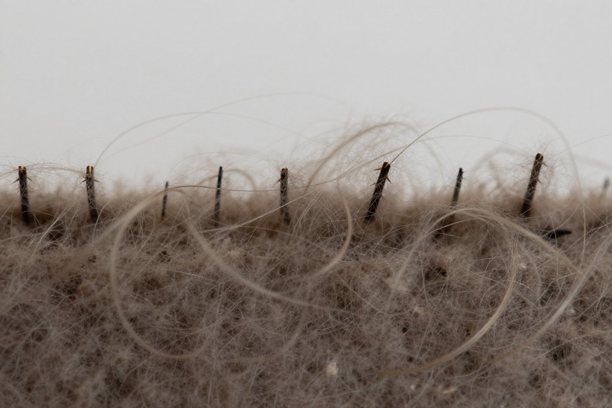 Macro view of pet hair embedded in carpet fibers showing barbs gripping strands