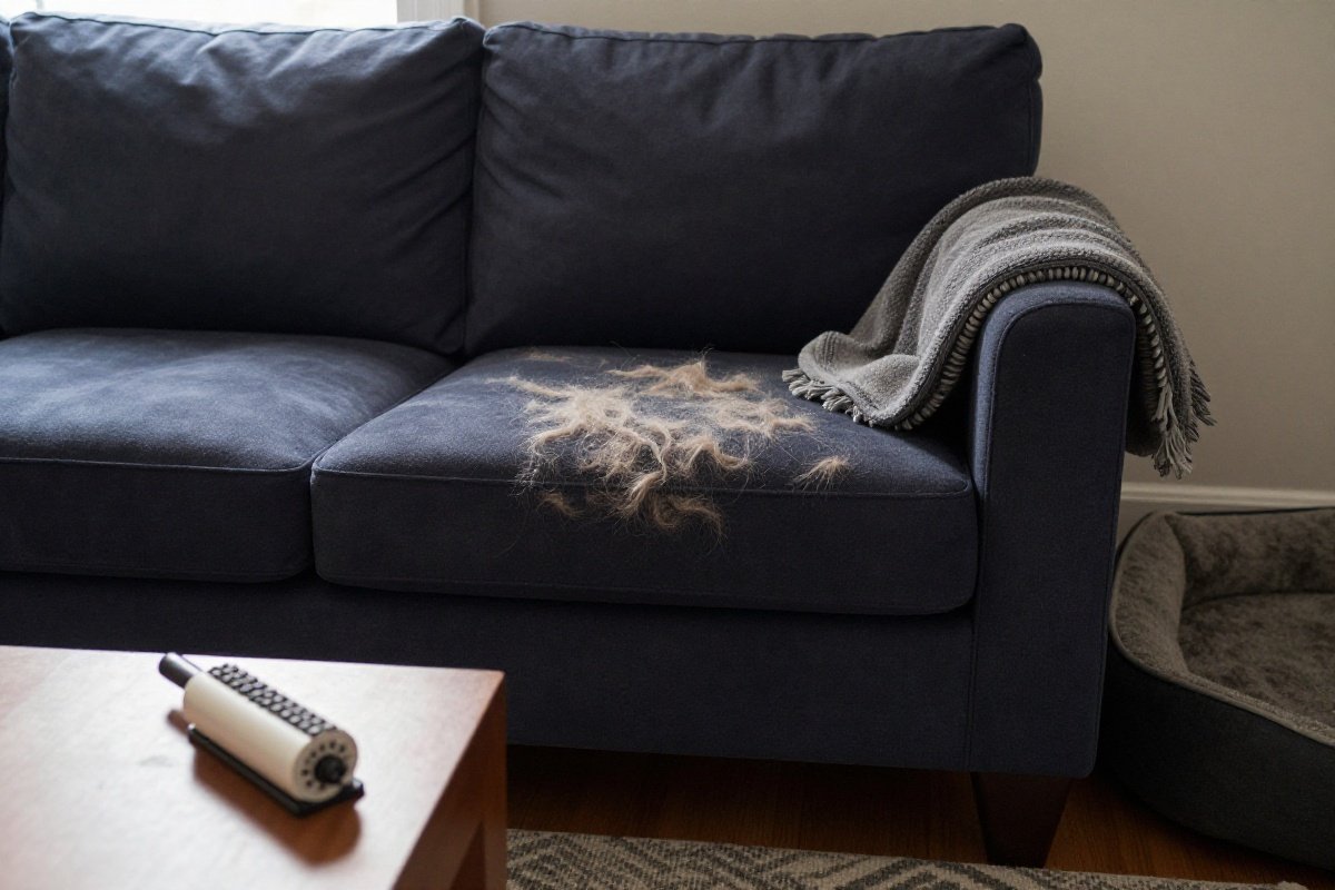 Dark couch covered in visible pet hair with lint roller on coffee table nearby