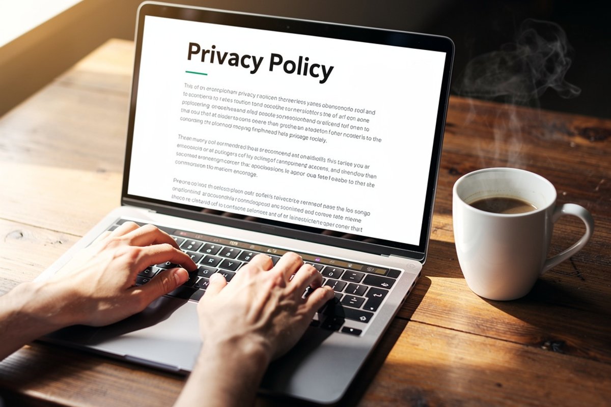 Hands typing on a laptop with a privacy policy page open