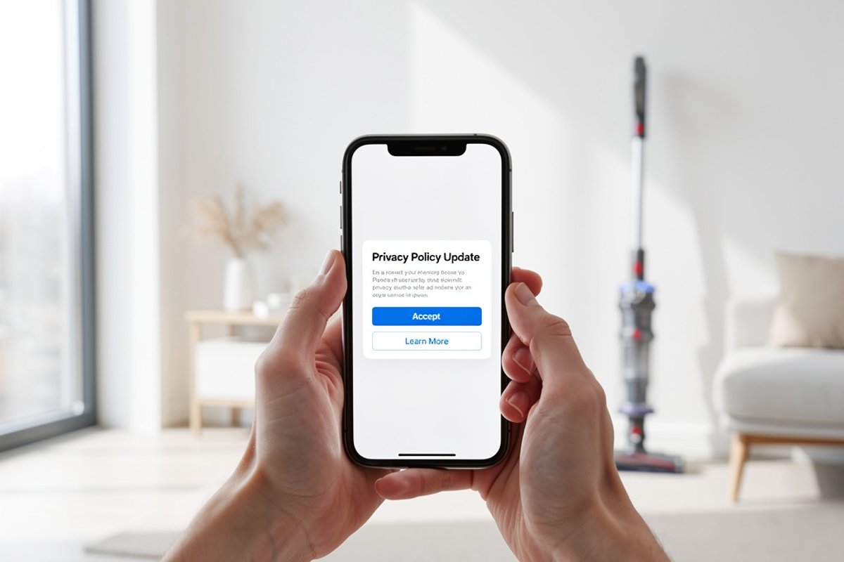 Hands holding a smartphone displaying a privacy policy notification