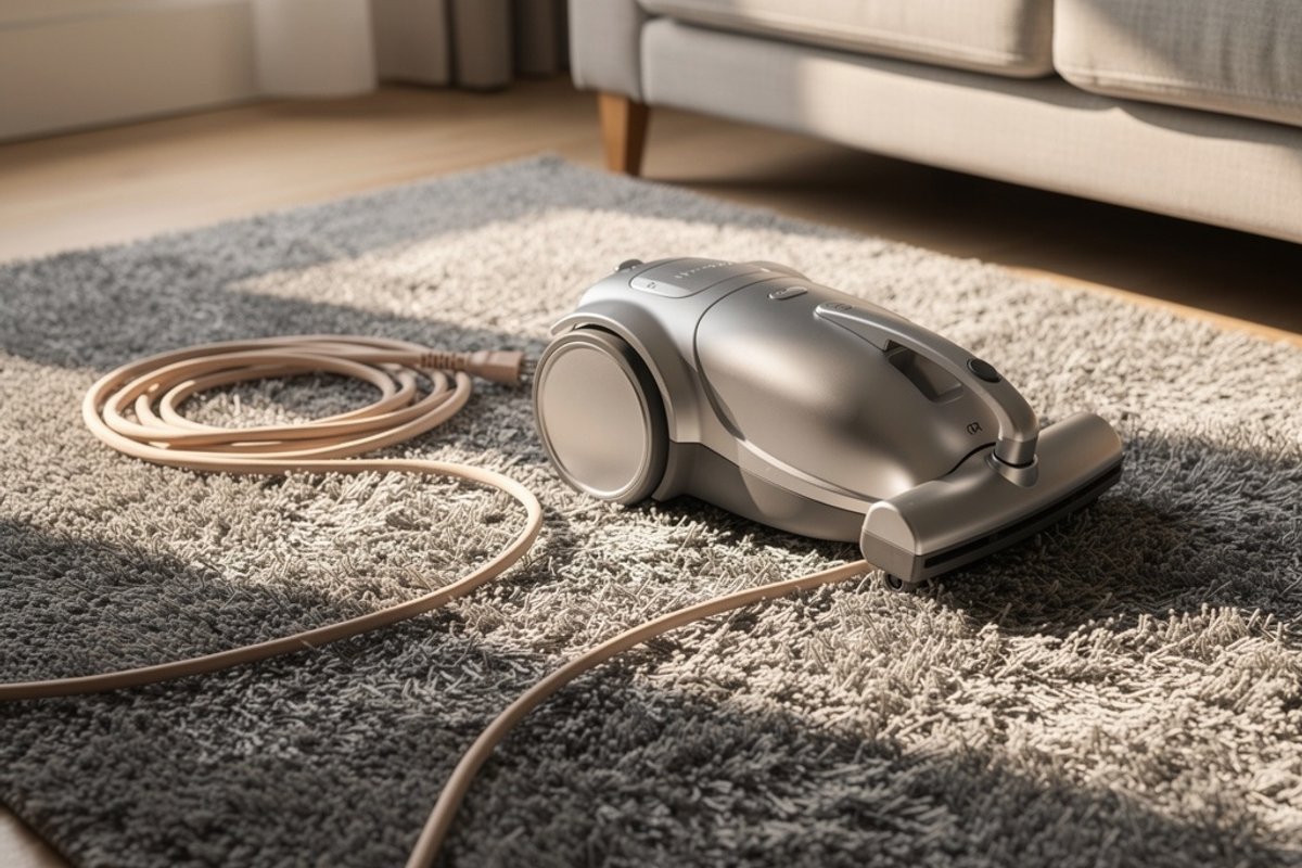 Vacuum cleaner on a gray wool carpet in sunlight