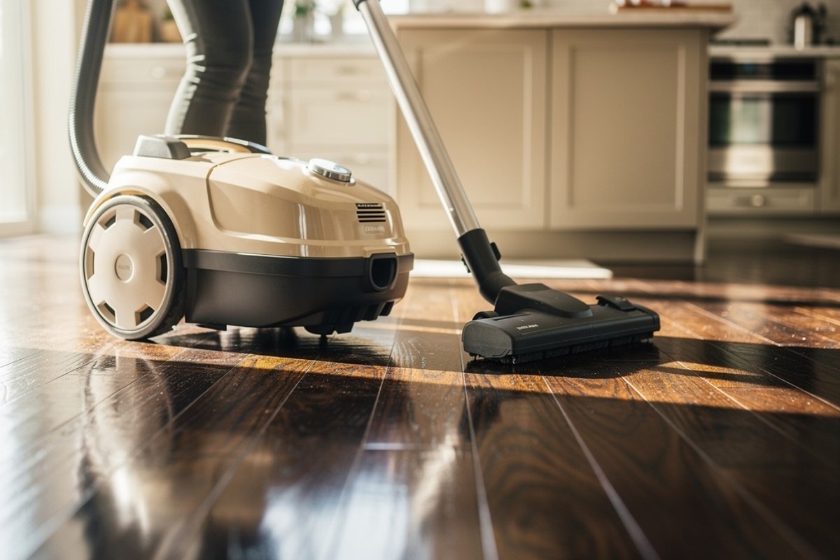 Person vacuuming a dark hardwood floor in a kitchen