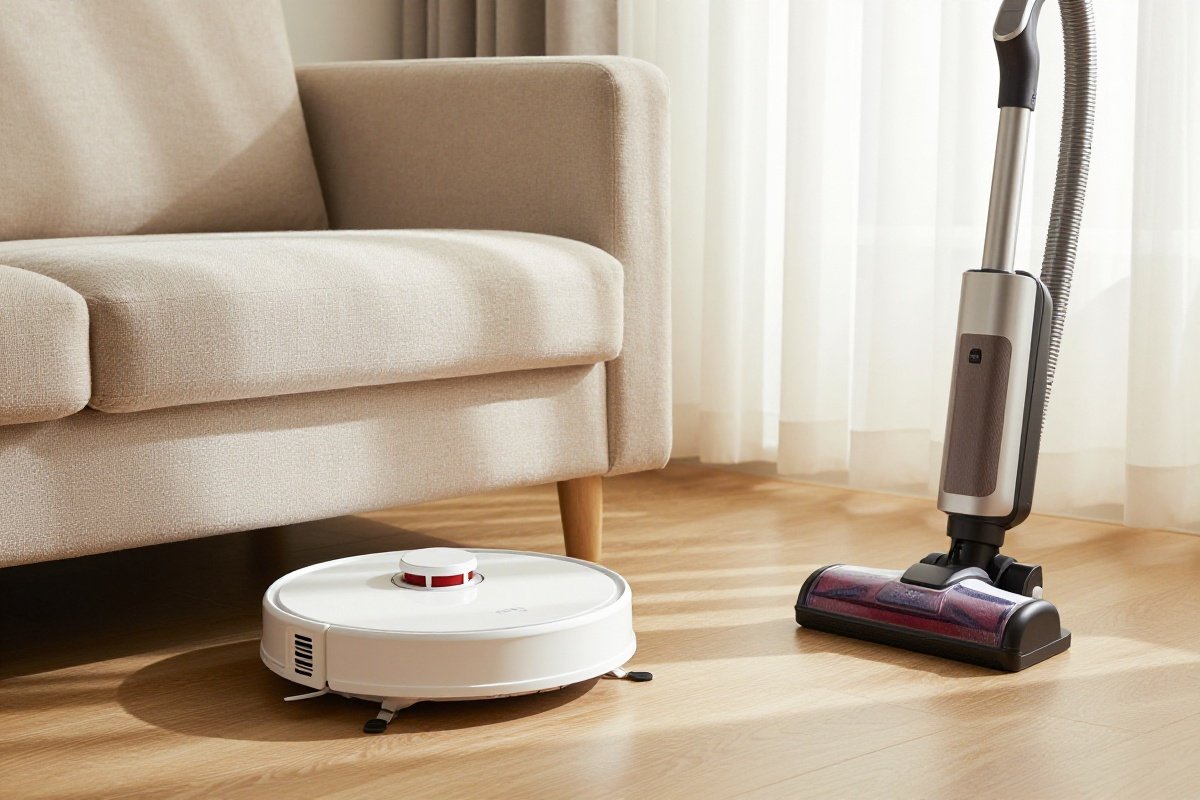 Robot vacuum cleaning under sofa while traditional upright stands unused showing different cleaning roles