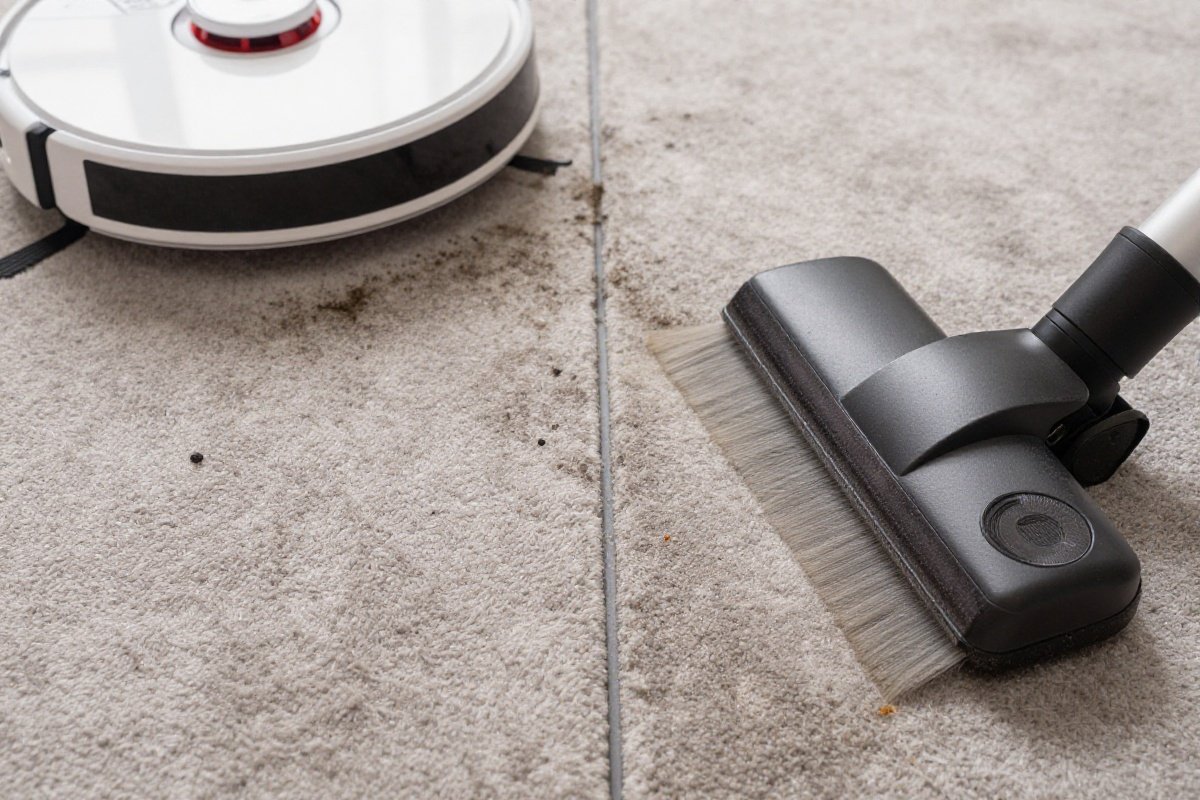 Carpet showing surface-cleaned robot vacuum side versus deep-cleaned traditional vacuum side
