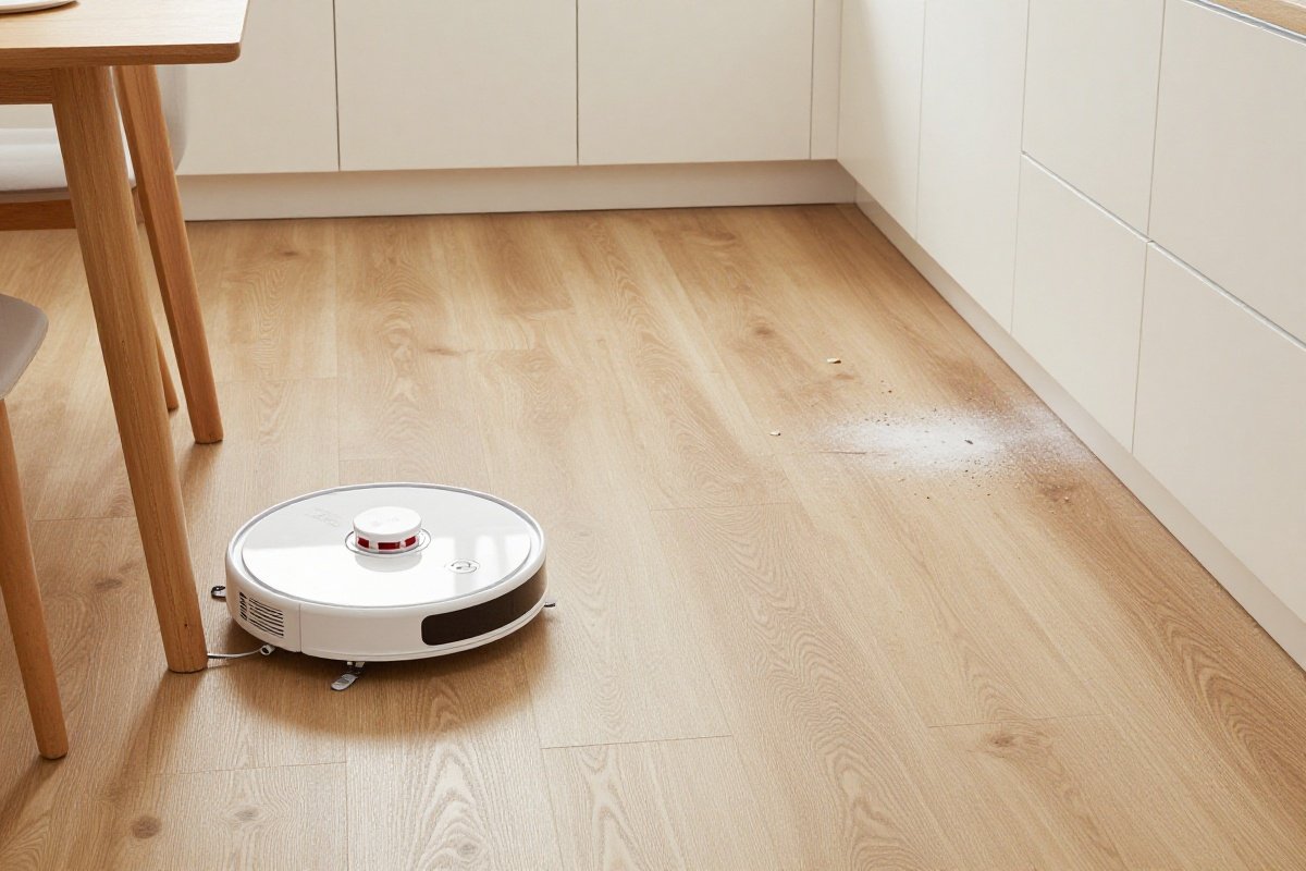 Robot vacuum cleaning under dining table while dust remains in unreachable corners