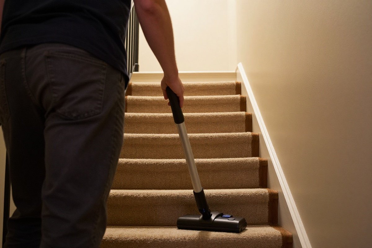 Person vacuuming carpeted stairs with a cordless stick vacuum