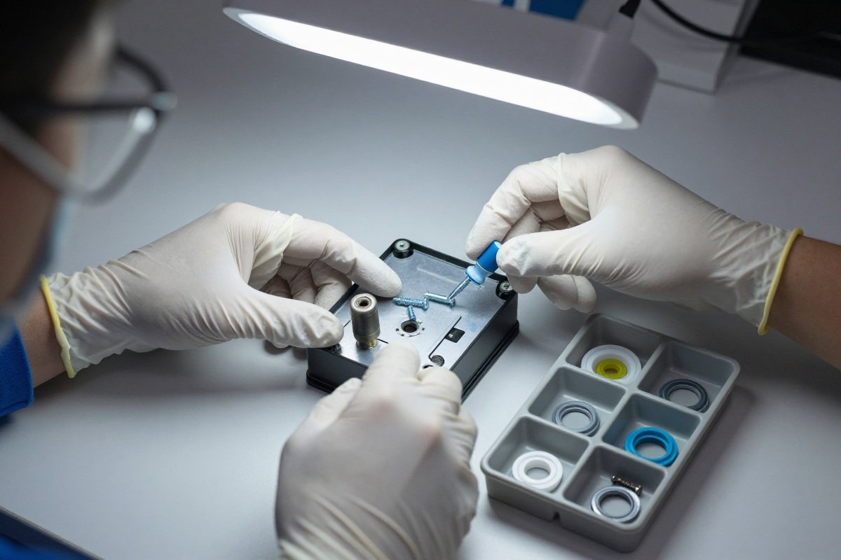 Technician inspecting vacuum cleaner internals during refurbishment process