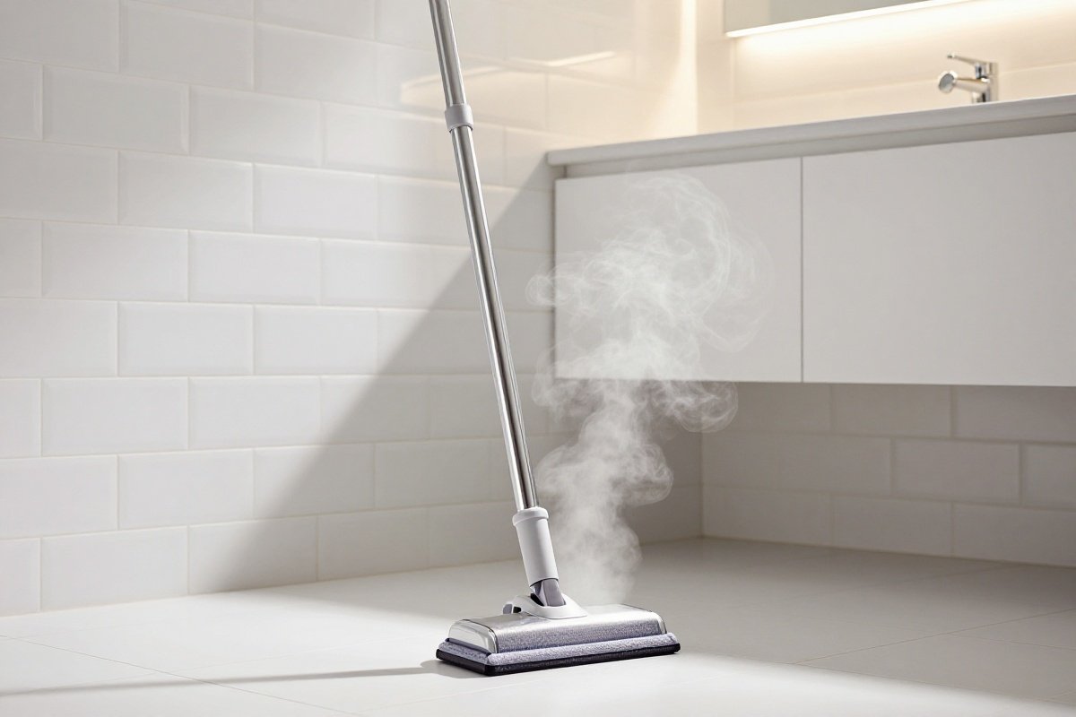 Steam mop releasing steam onto bathroom tile floor during cleaning
