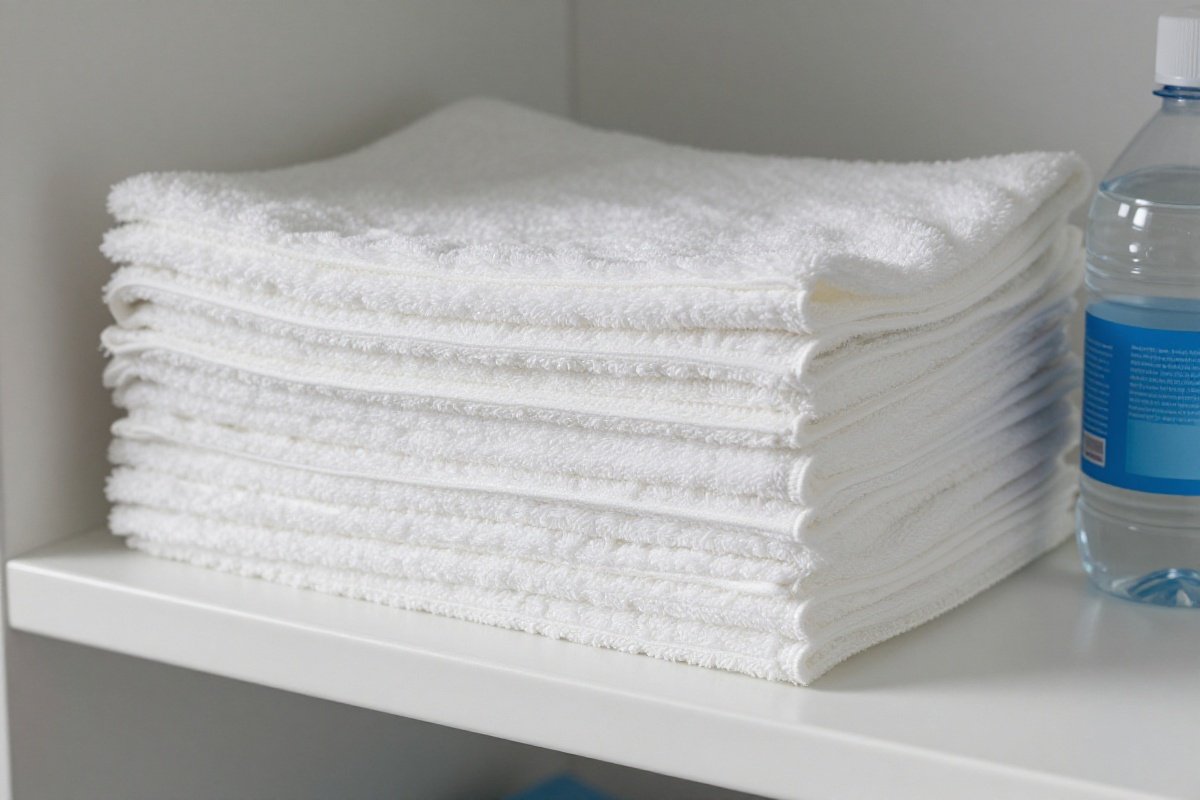 Clean microfiber steam mop pads and distilled water organized on a shelf