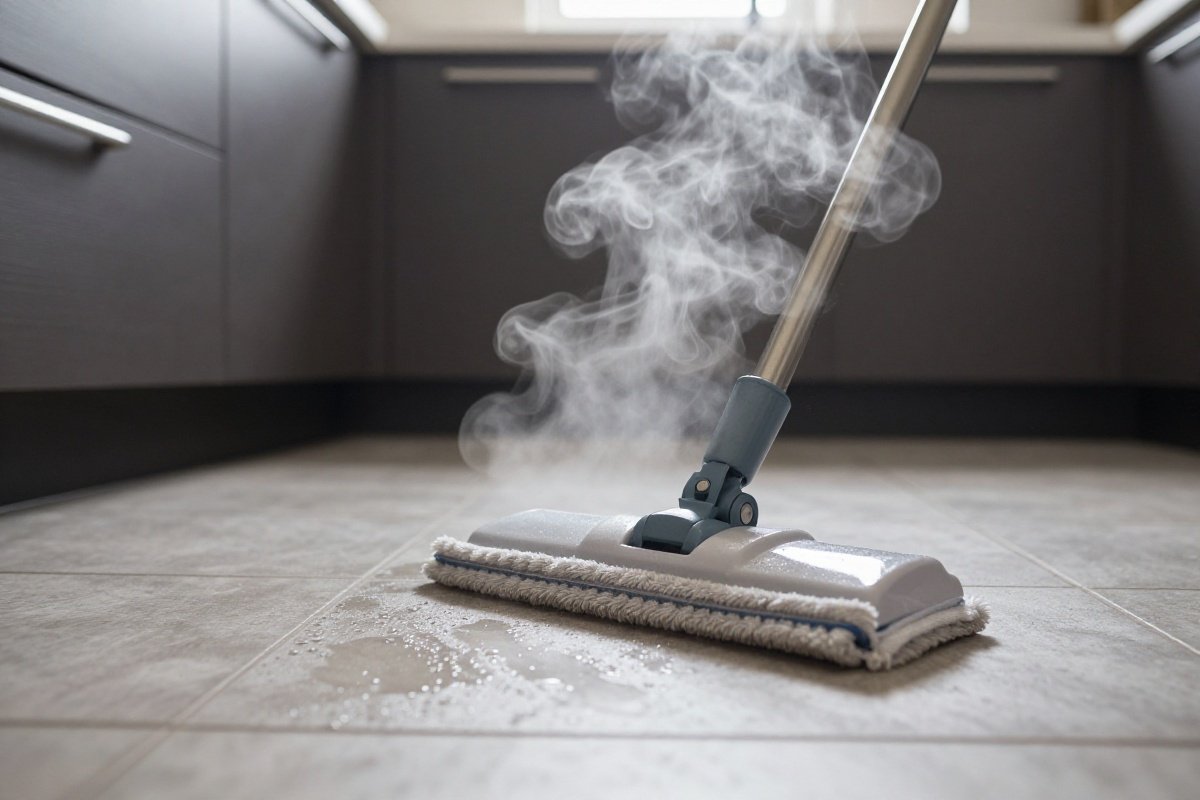 Steam mop releasing visible steam plume on kitchen tile floor during cleaning
