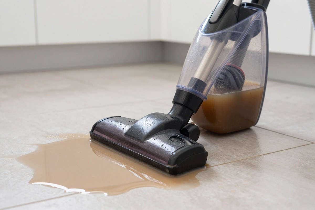 Wet-dry vacuum cleaning floor spill with dirty water visible in transparent collection tank