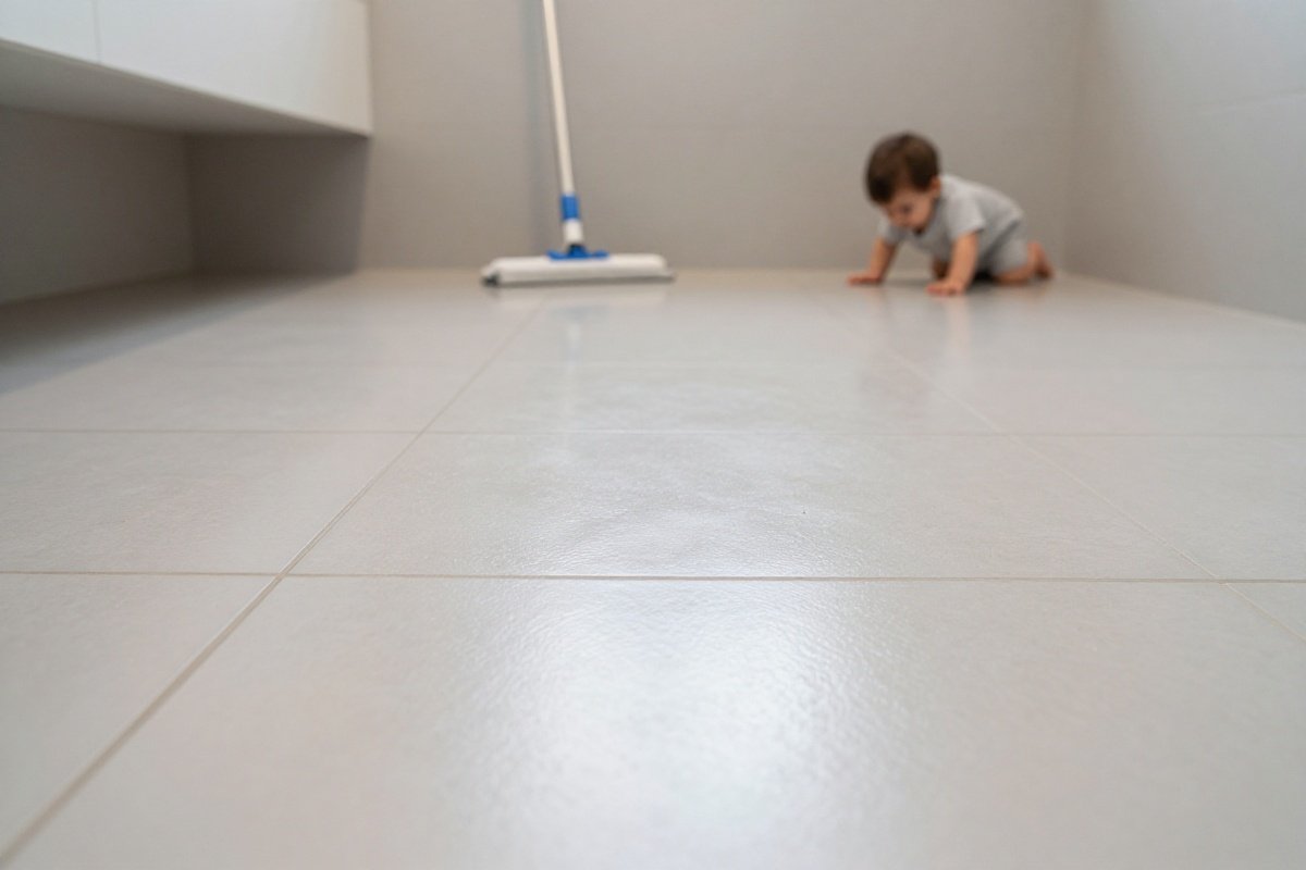 Sanitized tile floor after steam cleaning with crawling baby showing chemical-free safety