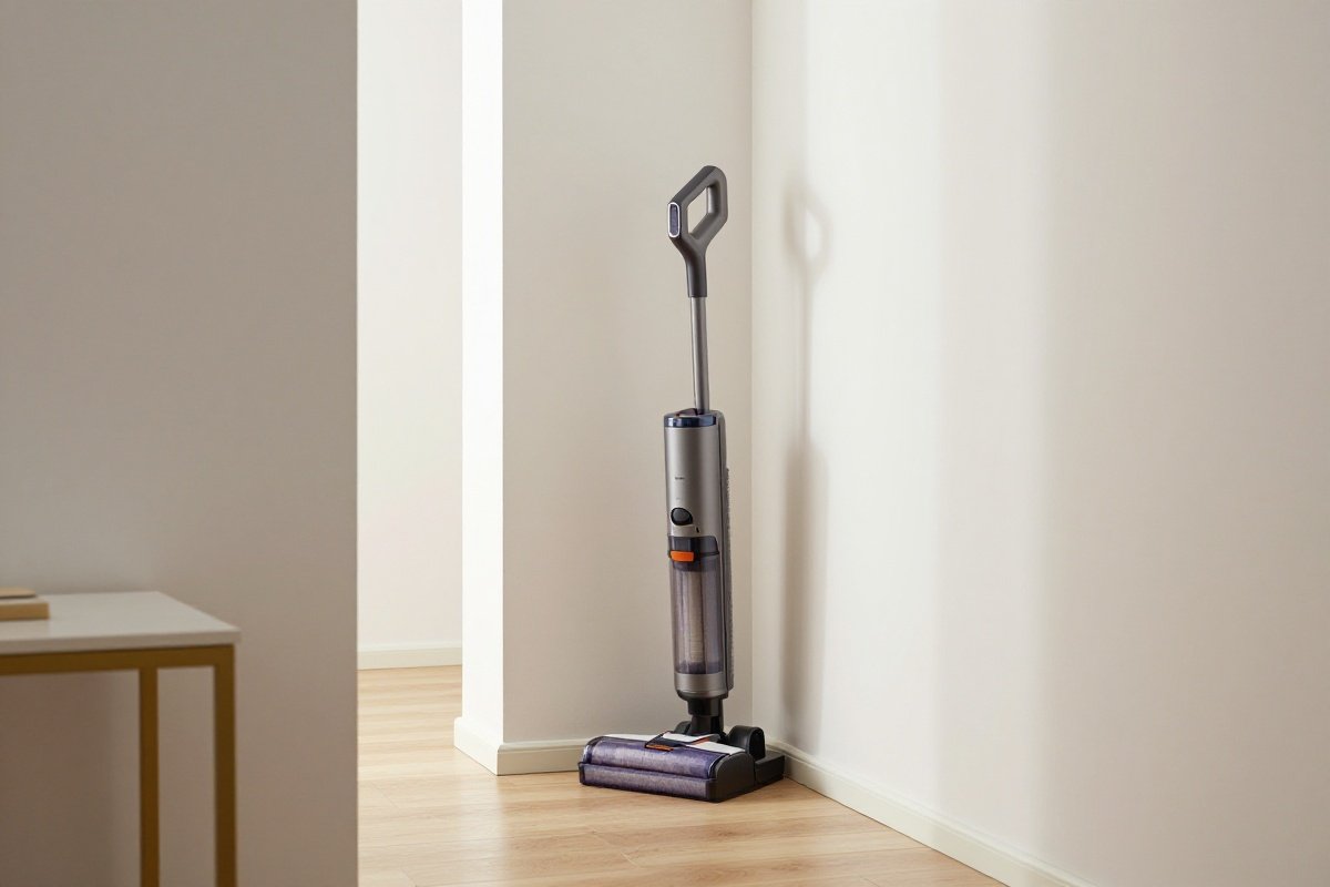 Slim stick vacuum on wall-mounted charging dock in narrow hallway