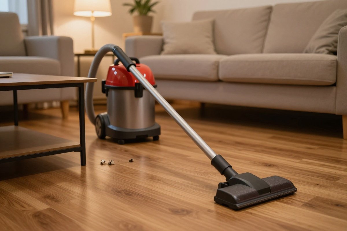 Canister vacuum with extended wand reaching under low furniture