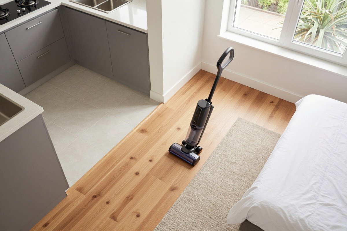 Overhead view of small apartment with multiple flooring types and tight spaces
