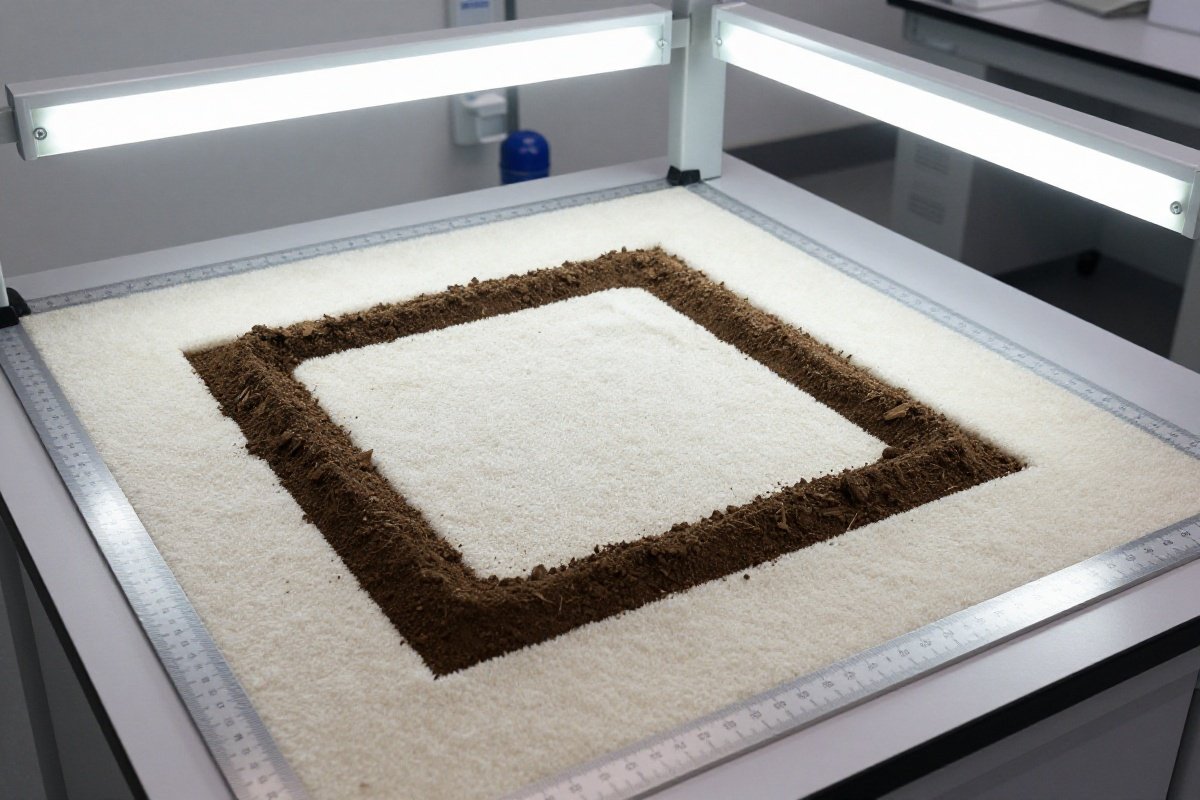 Standardized carpet test sample with embedded soil in a vacuum testing laboratory