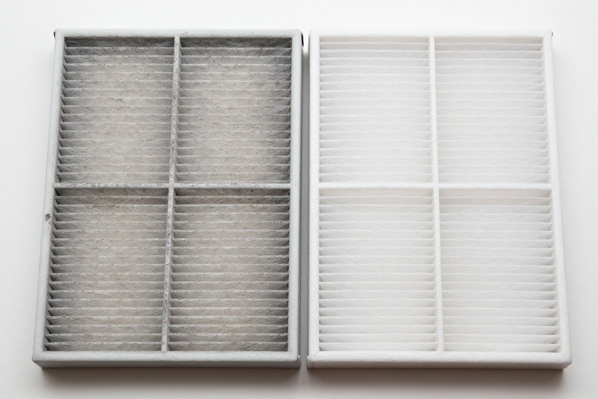 Side-by-side comparison of a used and new HEPA filter showing particle accumulation