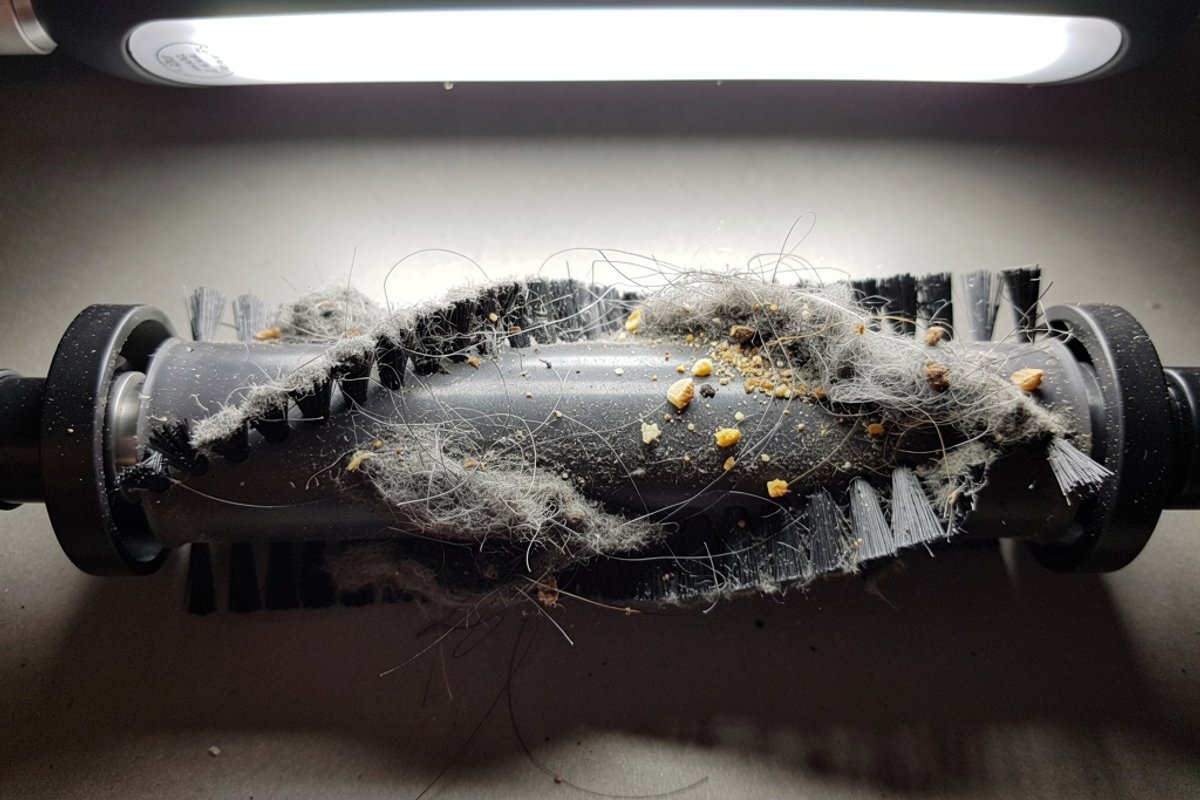 Vacuum brush roll covered in tangled hair and debris