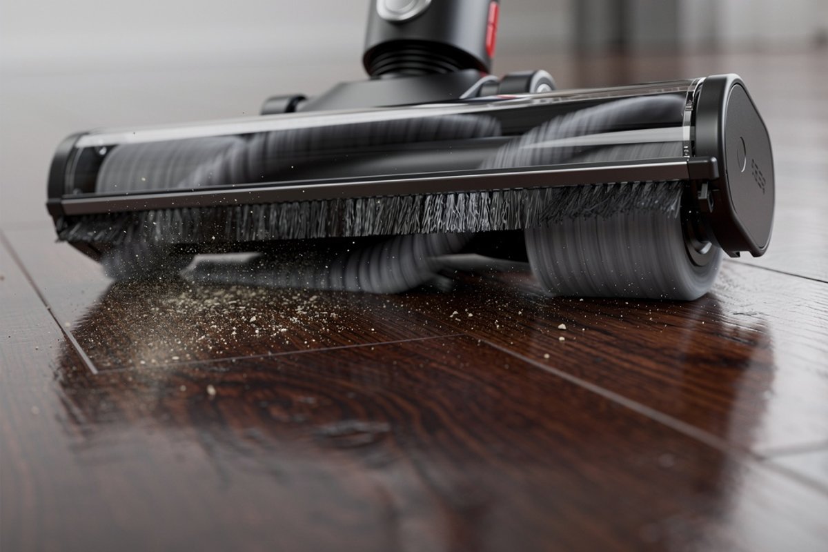 Close-up of a vacuum brush head on dark hardwood floor
