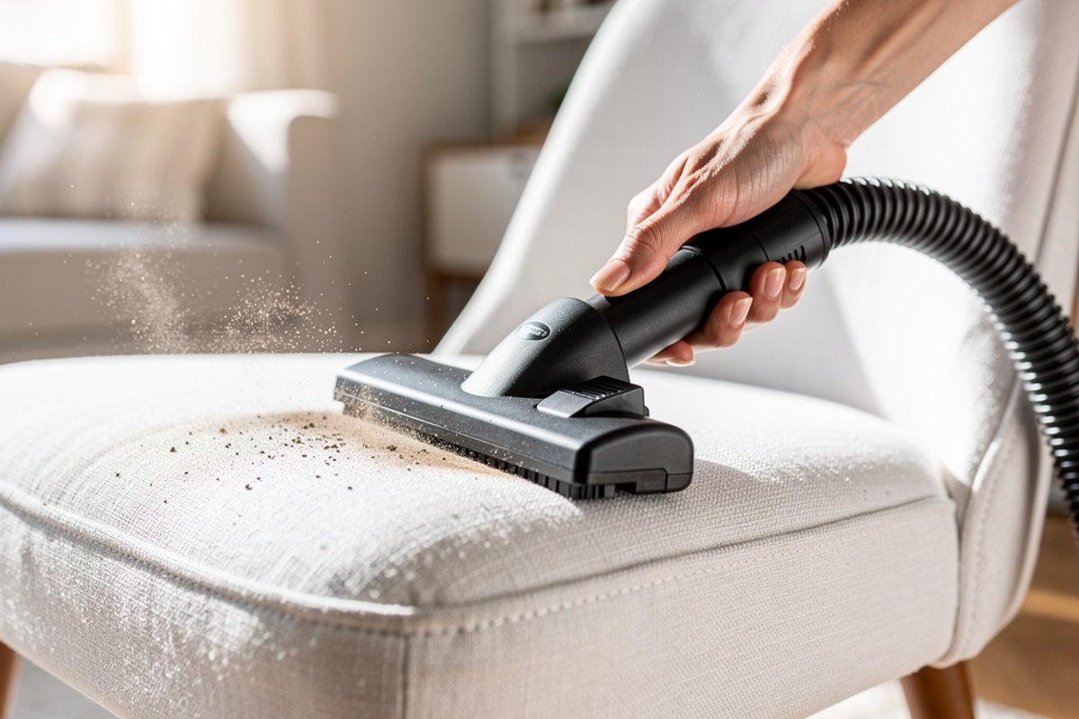 Using a vacuum hose attachment to clean upholstery