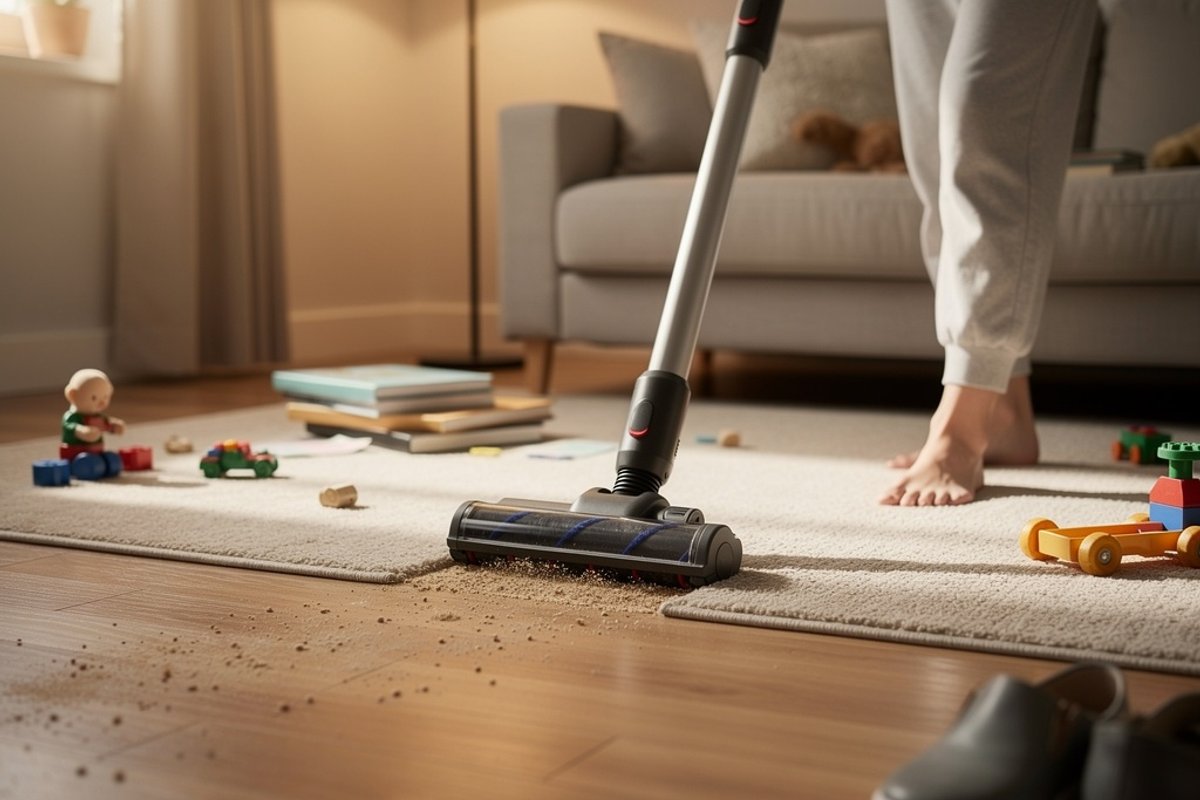 Vacuum cleaner transitioning between bare floor and area rug