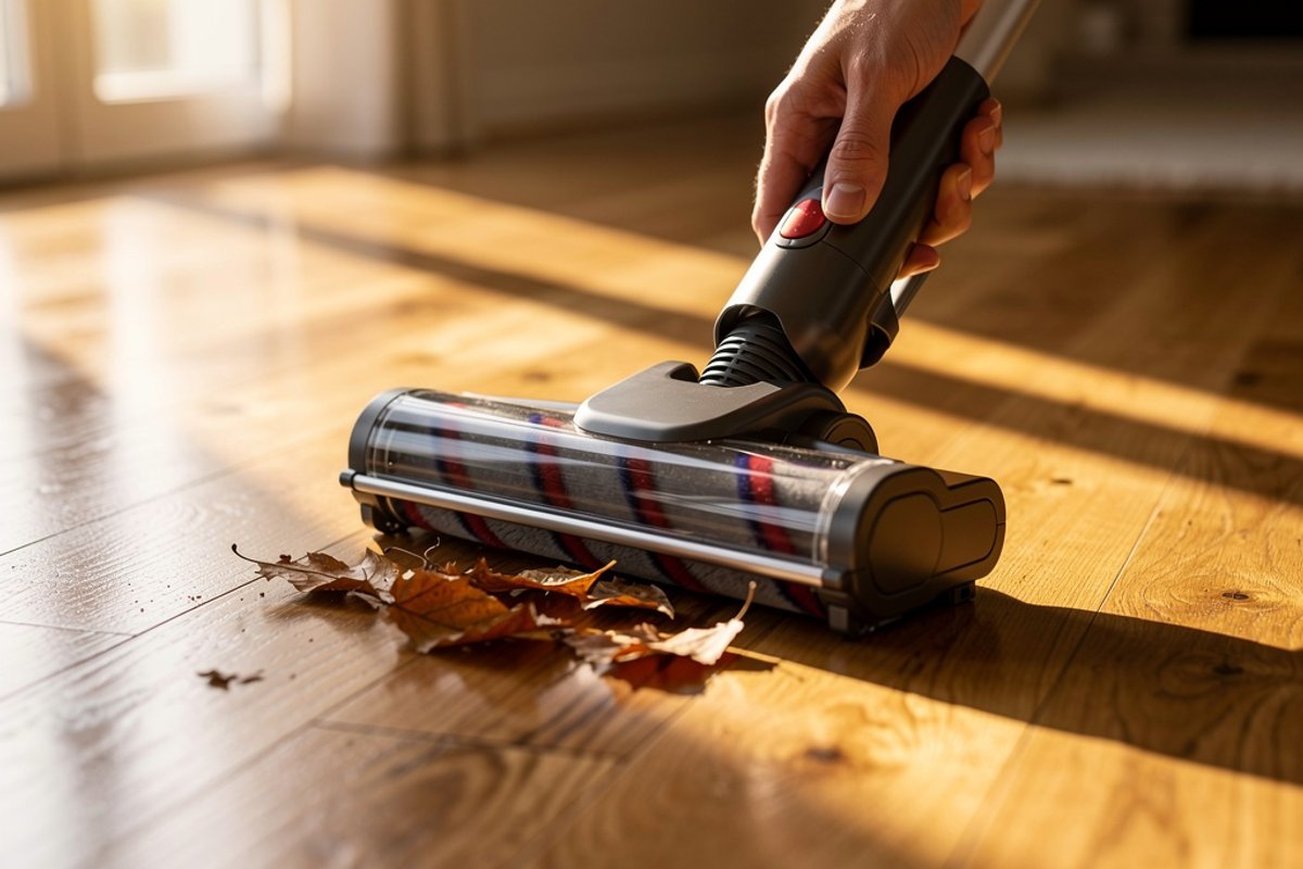 Cordless vacuum cleaning a hardwood floor in sunlight