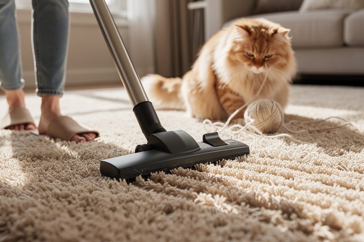 Person vacuuming a beige carpet with a cat nearby