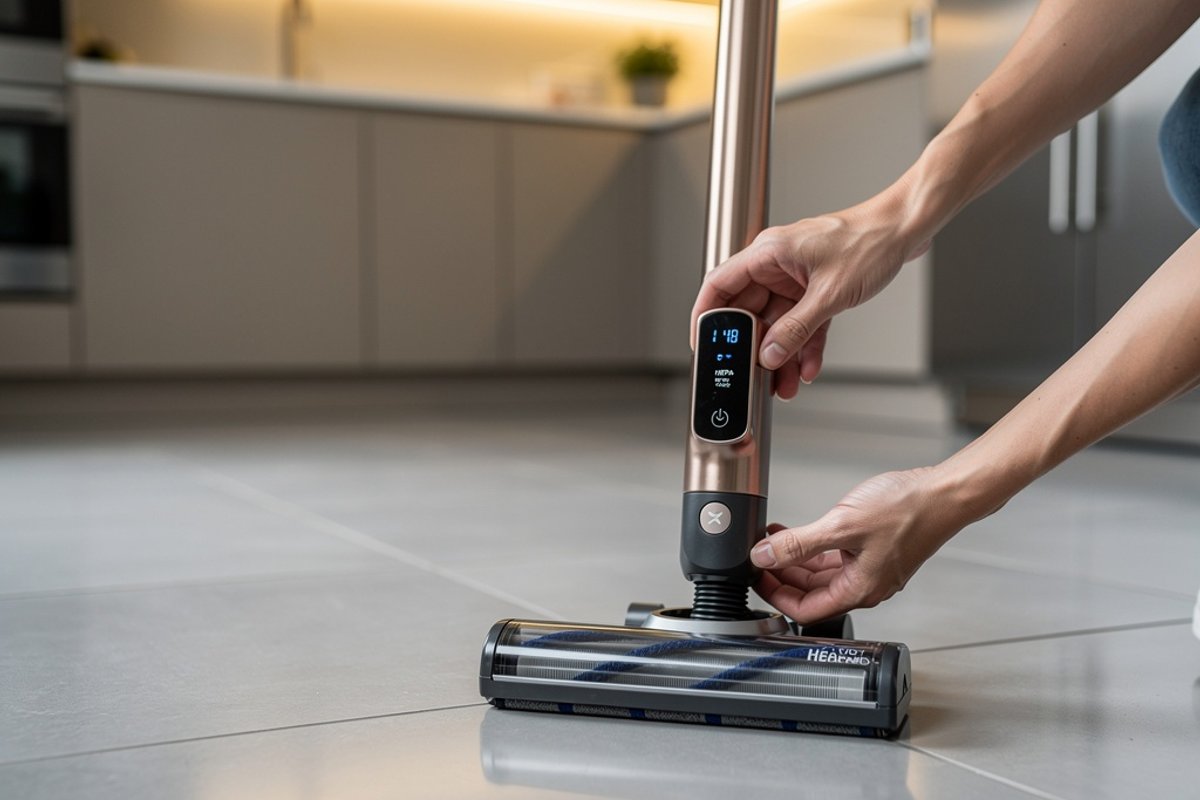 Modern vacuum with HEPA filter on a tiled kitchen floor
