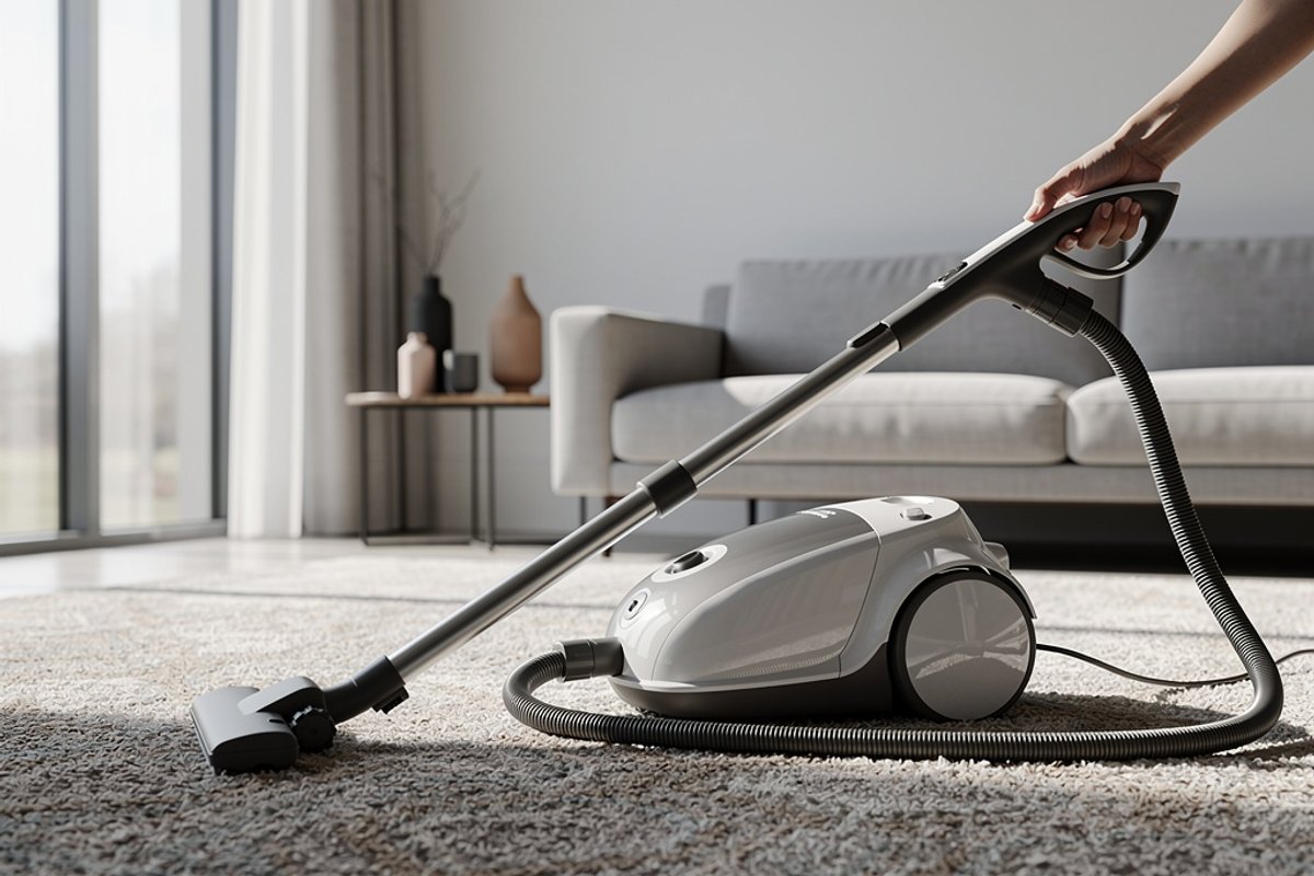 Compact vacuum cleaner on a living room rug