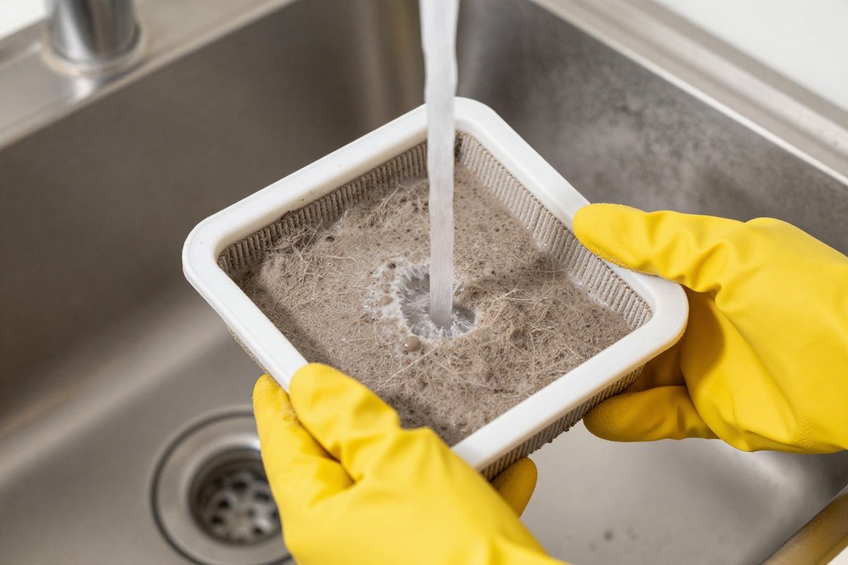 Washing a clogged vacuum foam filter under running water during maintenance