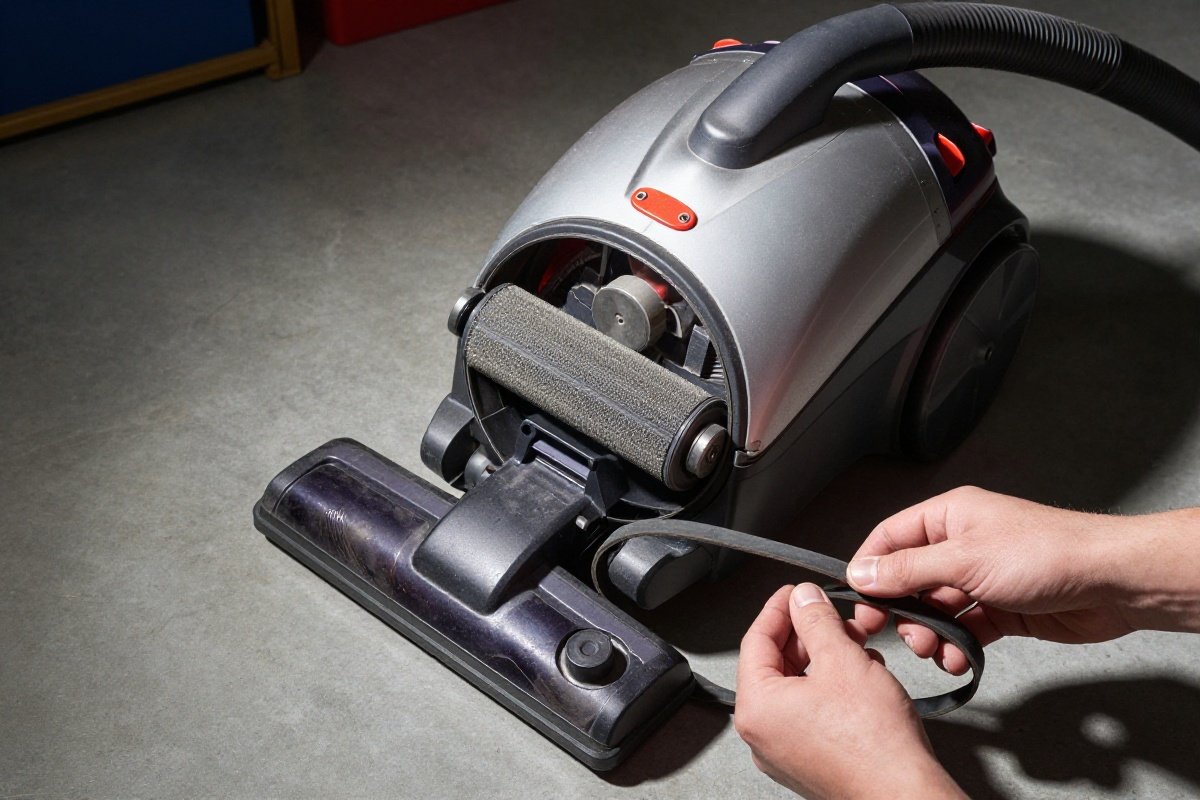 Vacuum cleaner with bottom plate removed showing brush roll and belt replacement