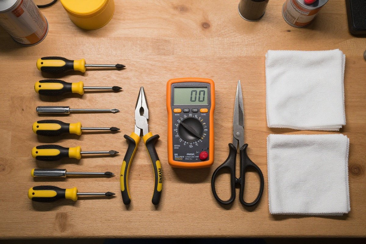 Organized vacuum repair toolkit with screwdrivers, multimeter, scissors, and supplies