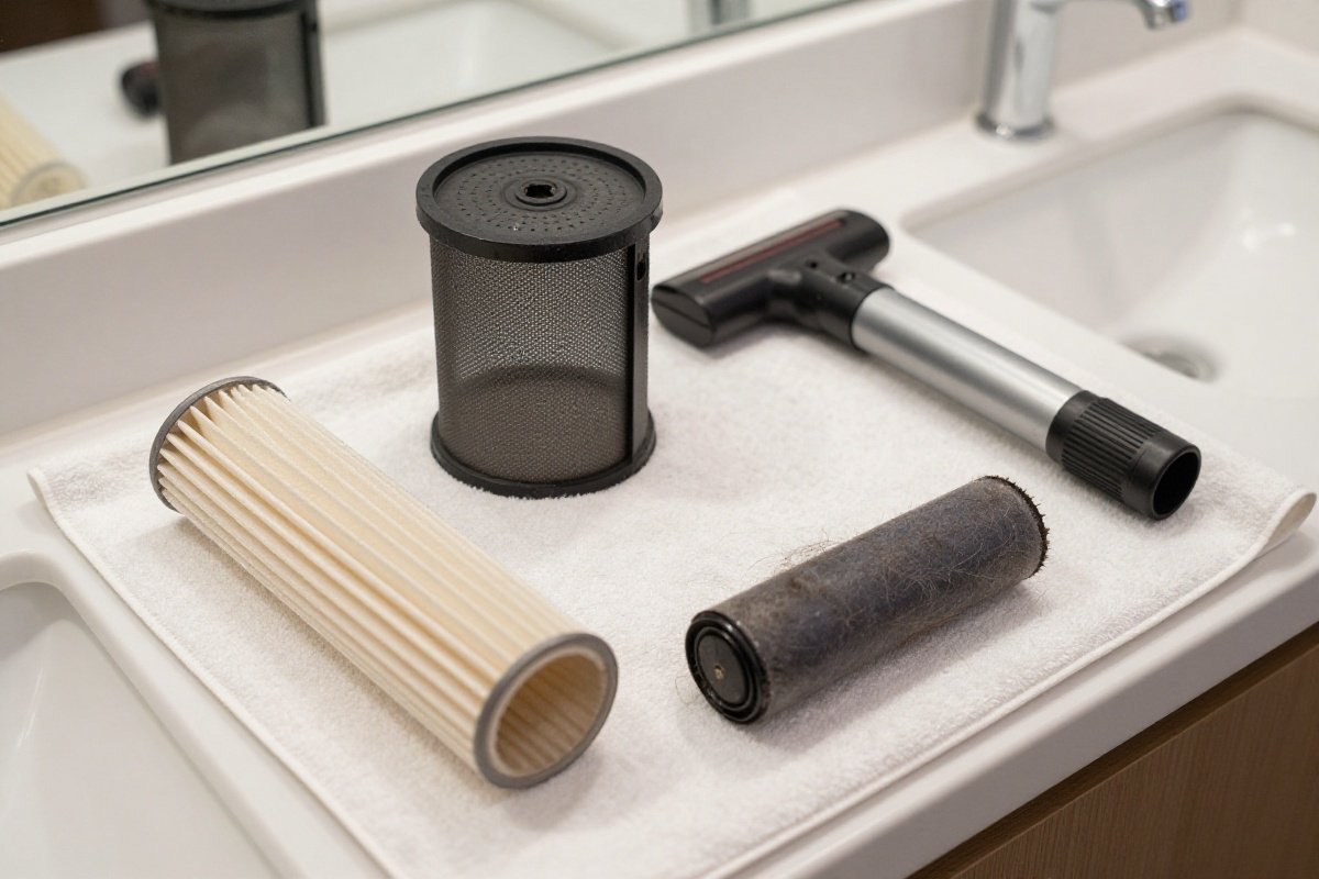 Disassembled vacuum parts drying on a towel after monthly deep cleaning